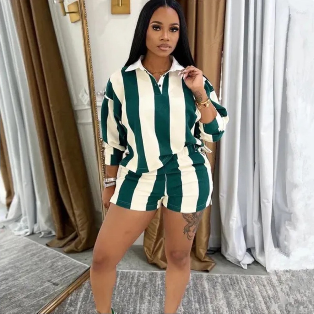 Green and Cream Vertical Stripe Two-Piece Set